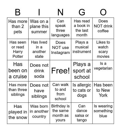 "Getting to Know You" Bingo Card
