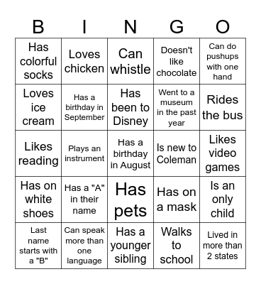 Middle School BINGO: Find someone who... Bingo Card