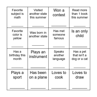 Human Scavenger Hunt Bingo Card