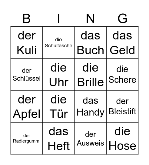 Schulsachen Bingo Card