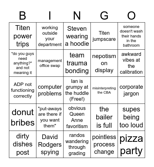 shitty work bingo Card