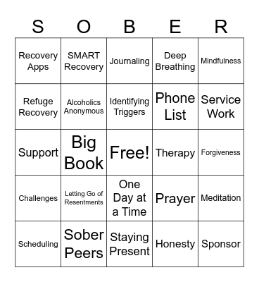 Sobriety BINGO Card