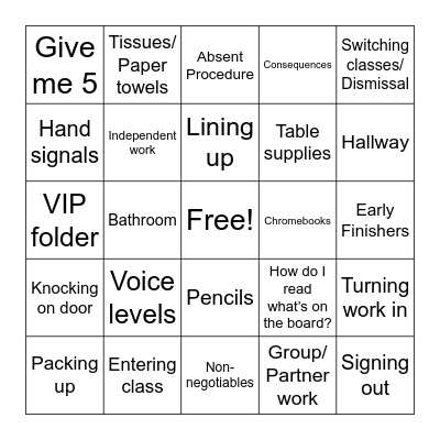 Rules and Procedures Bingo Card