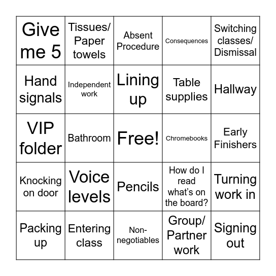 Rules and Procedures Bingo Card