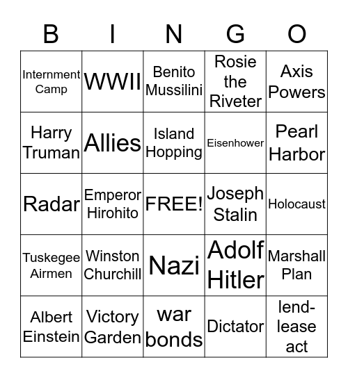 World War II Vocabulary Bingo Card