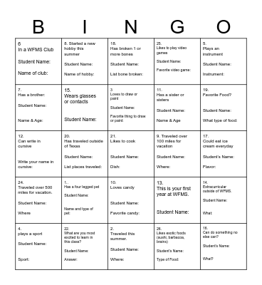 Get to Know You Bingo Card