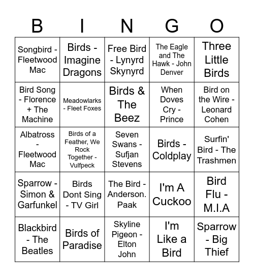 Three Little Birds Bingo Card