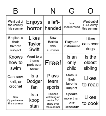 Getting to know each other Bingo Card