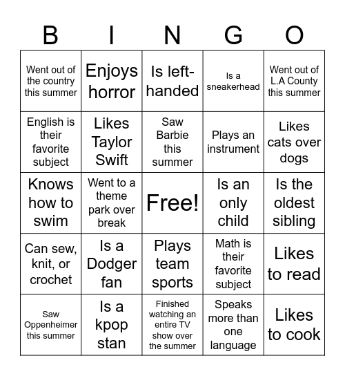 Getting to know each other Bingo Card