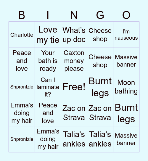 Talia & Matan’s Sheva Brachot Bingo Night Bingo Card
