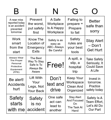 Safety First Bingo Card