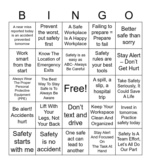 Safety First Bingo Card