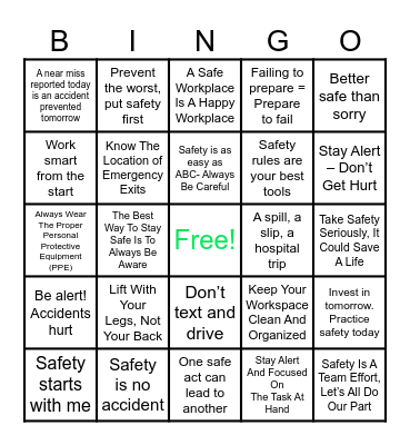 Safety First Bingo Card