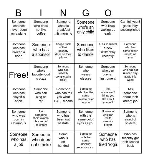 Recovery Bingo Card