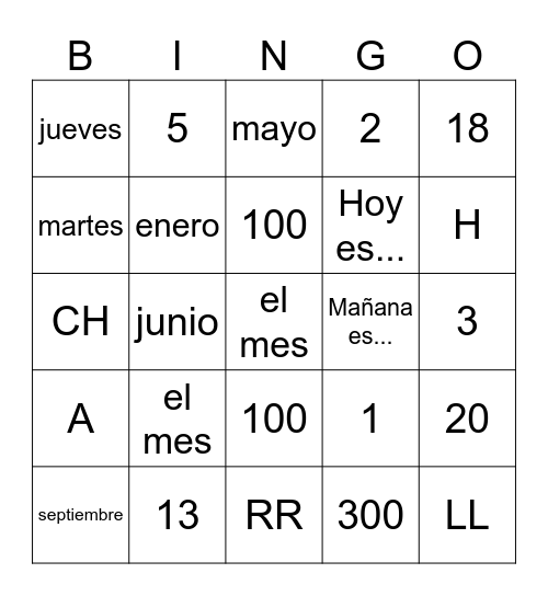 Duff Alphabet, Numbers, Days & Months (calendar) Bingo Card