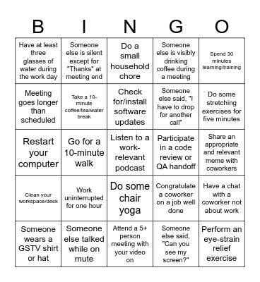 Remote Work Bingo Card