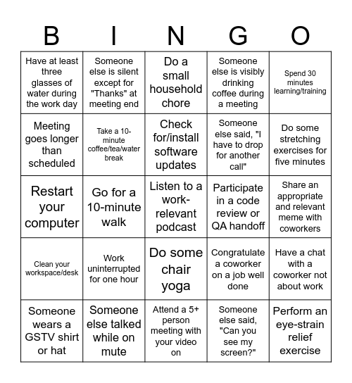 Remote Work Bingo Card