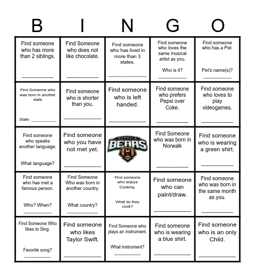 Find Someone Who... Find classmates who match each characteristic, have a conversation and have them sign the corresponding square. The first person to get a line or a full card filled wins! Be ready to talk about your classmates! Bingo Card