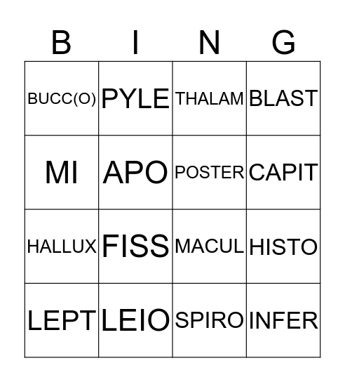 Medical Terms Bingo Card
