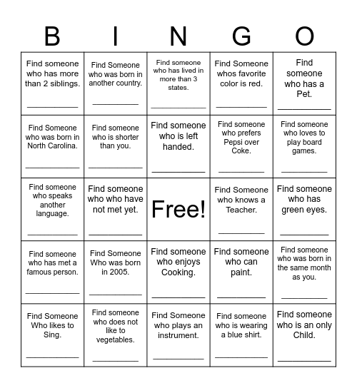 Find Someone Who Bingo Card