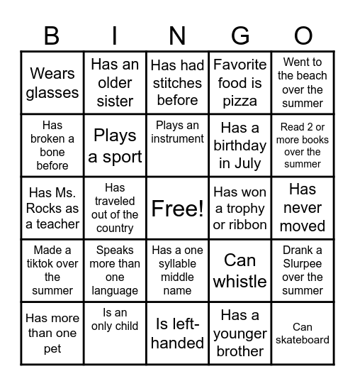 Back to School Bingo Card