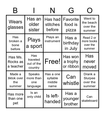 Back to School Bingo Card