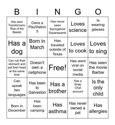 Back to School Bingo Card