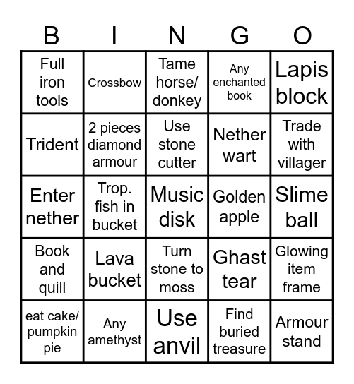 Minecraft Bingo #1 - Do/Get Bingo Card