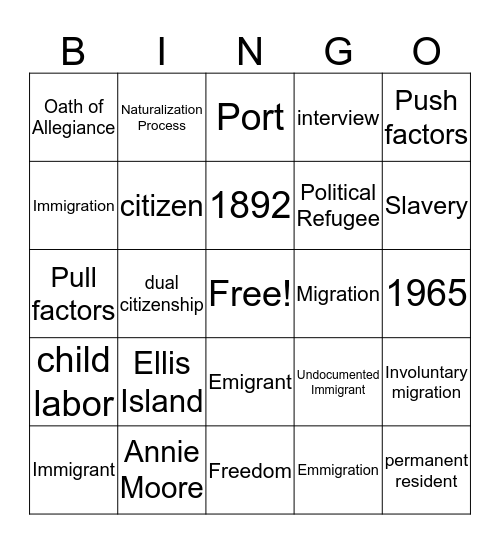 Immigration Review Bingo Card
