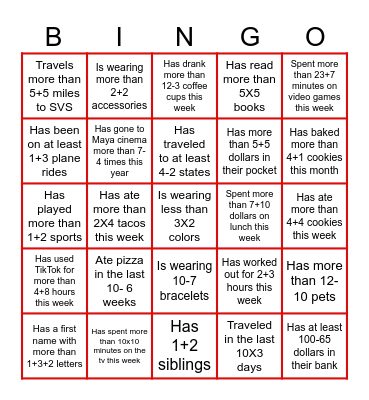 People Math Bingo Card