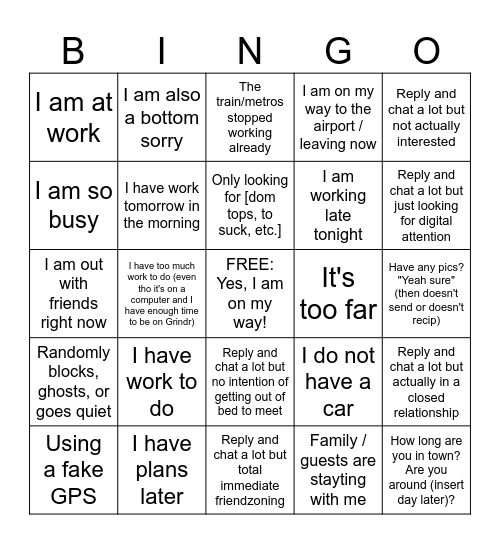 Grindr Excuses Bingo - by Brian Bingo Card