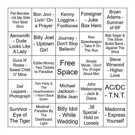 1980s Bingo Card