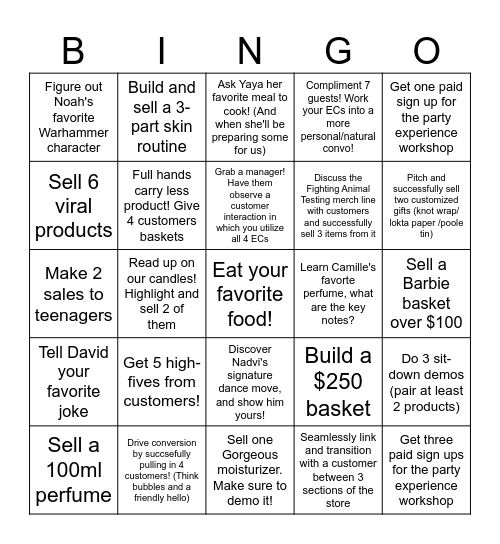 Lush Employee Bingo Card