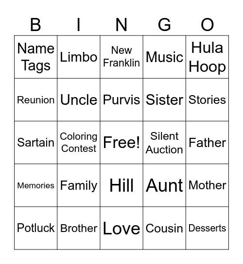 Family Reunion Bingo Card