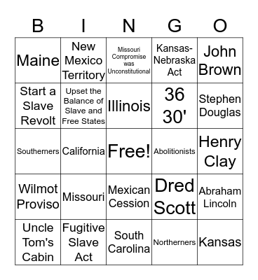 Events Leading to the Civil War BINGO Card