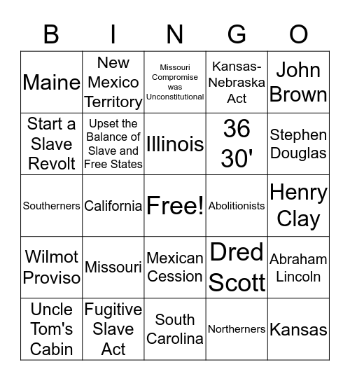 Events Leading to the Civil War BINGO Card