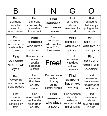 Meet Your Classmates! Bingo Card