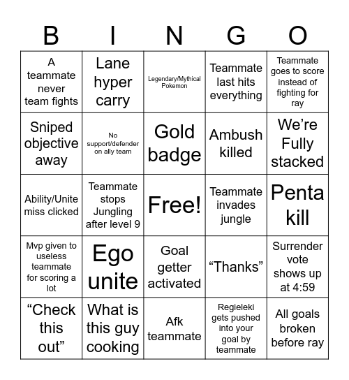 Pokemon Unite Solo Queue experience Bingo Card