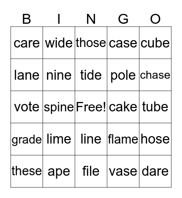 Magic "e" Bingo Card