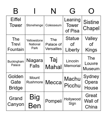 Landmarks Bingo Card