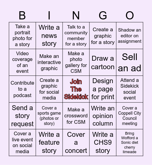 Coppell Student Media Story Menu Bingo Card