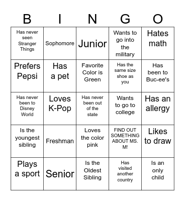 Ms. Molineaux's class BINGO Card