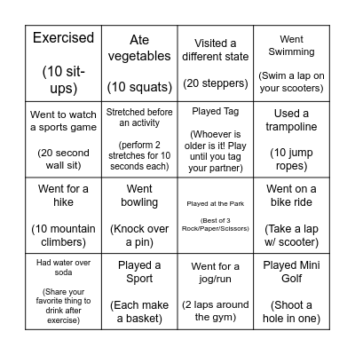 Summer Activity Bingo Card