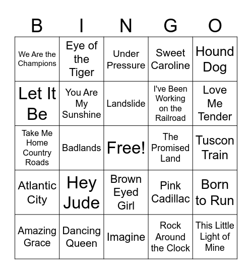 Song Lyric Bingo Card