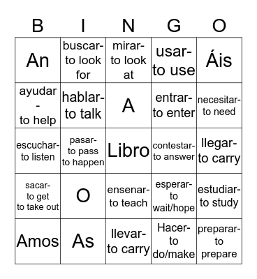 AR Verbs Bingo Card