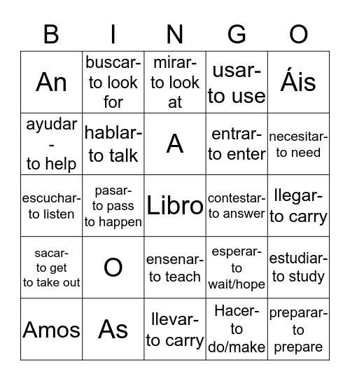 AR Verbs Bingo Card