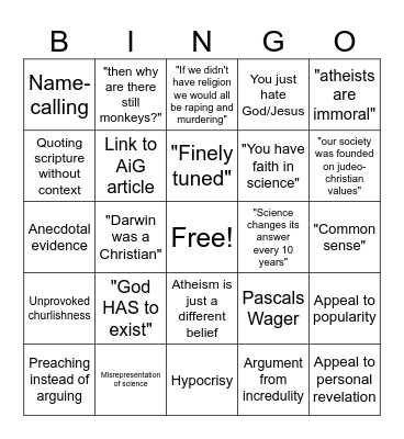 Shitty Theist Bingo Card