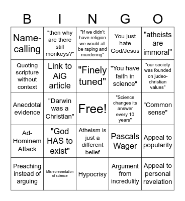 Shitty Theist Bingo Card
