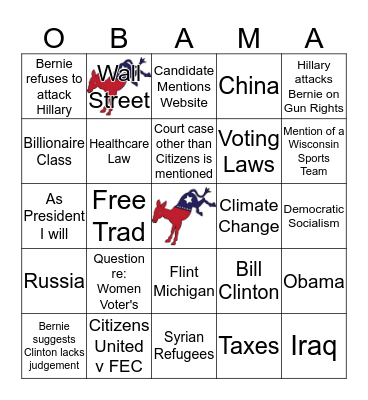Democratic Debate Card #1 February 11, 2016 Bingo Card