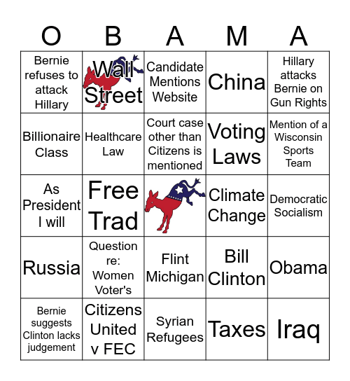 Democratic Debate Card #1 February 11, 2016 Bingo Card